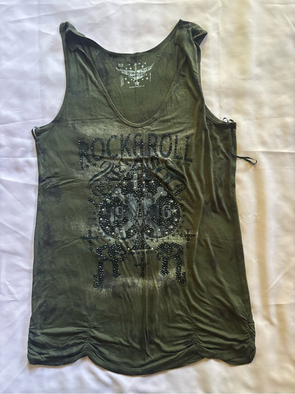 Rock & Roll Cowgirl Olive Green Graphic Studded Tank Tunic